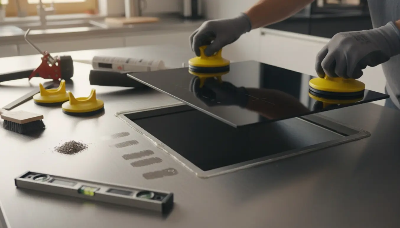 Glasinduktionskogeplade sænkes i en ny 5 mm børstet stålbordplade med håndværkerværktøj synligt.