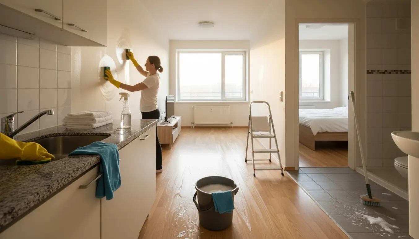 Bredt foto af grundig flytterengøring i en lys toværelses lejlighed med moppe, spand og handske‑dækkede hænder, der vasker overflader.