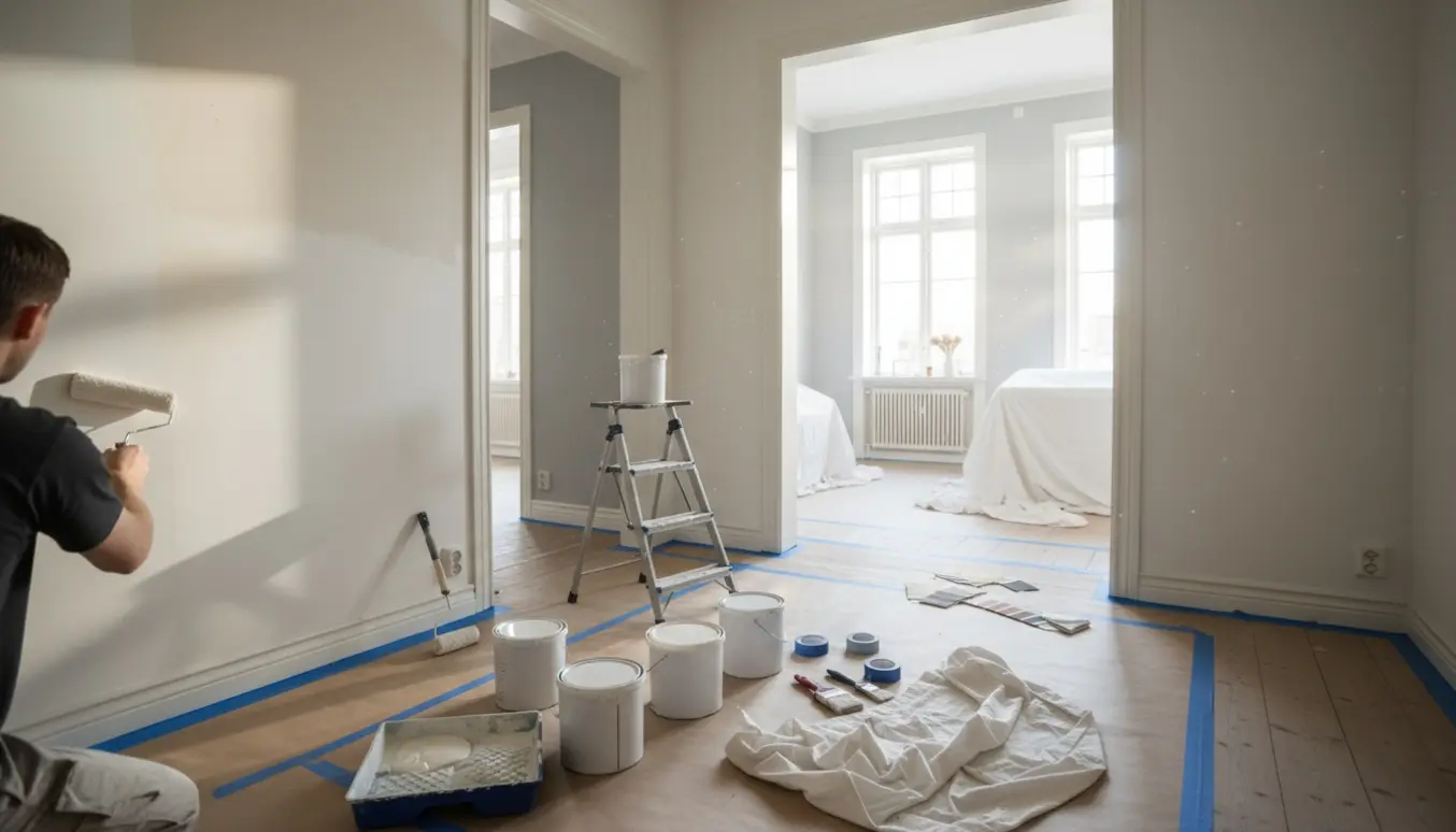 Indendørs malerarbejde i en lys bolig med rullende maler, åbne malerbøtter og nymalede vægge.