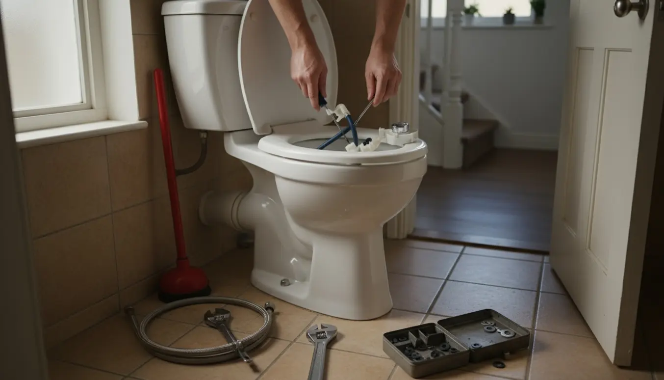 Traditionelt gulvstående toilet med åben cisterne og værktøj, mens hænder arbejder på at reparere skyllet.