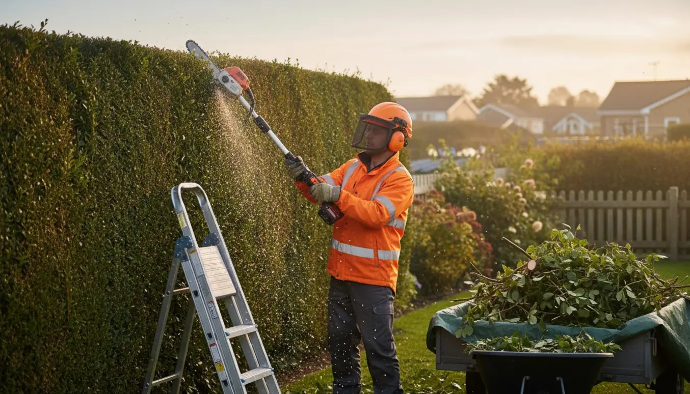 Person i beskyttelsesudstyr klipper toppen af en høj hæk med en stangsav, mens afklippede grene samles i en trillebør.