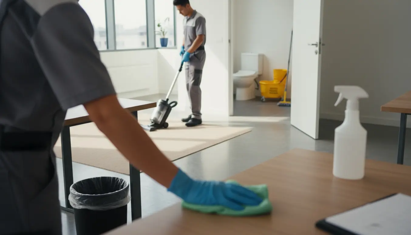 Rengøringsperson tørrer et skrivebord af i et lyst kontor, med skraldespand, støvsuger og moppe i baggrunden.