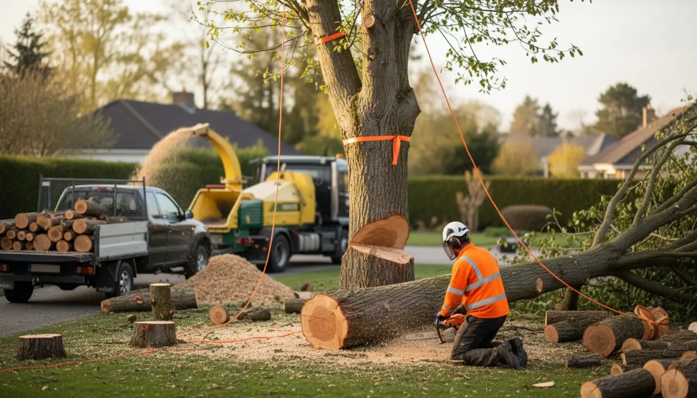 To træer fældes i en have med arbejdere i sikkerhedsudstyr, flismaskine, stammer og trailer klar til bortkørsel.