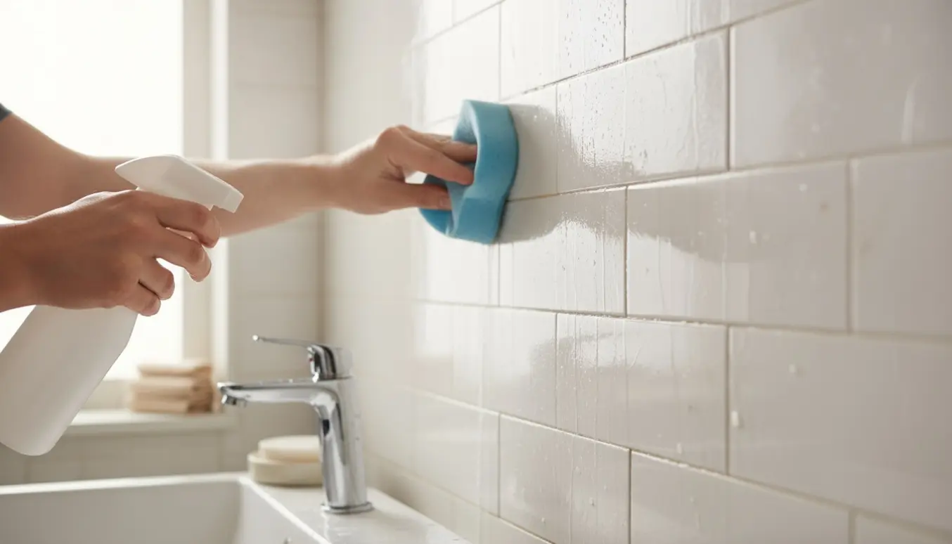 Hænder rengør hvide badeværelsesfliser med en svamp og sprayflaske, så de fremstår skinnende rene.