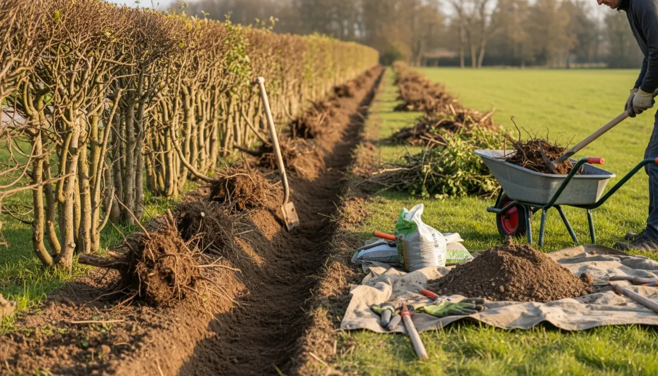 En lang spirea-hæk graves op med skovl og værktøj, afskårne buske og rødder ligger klar til bortkørsel.