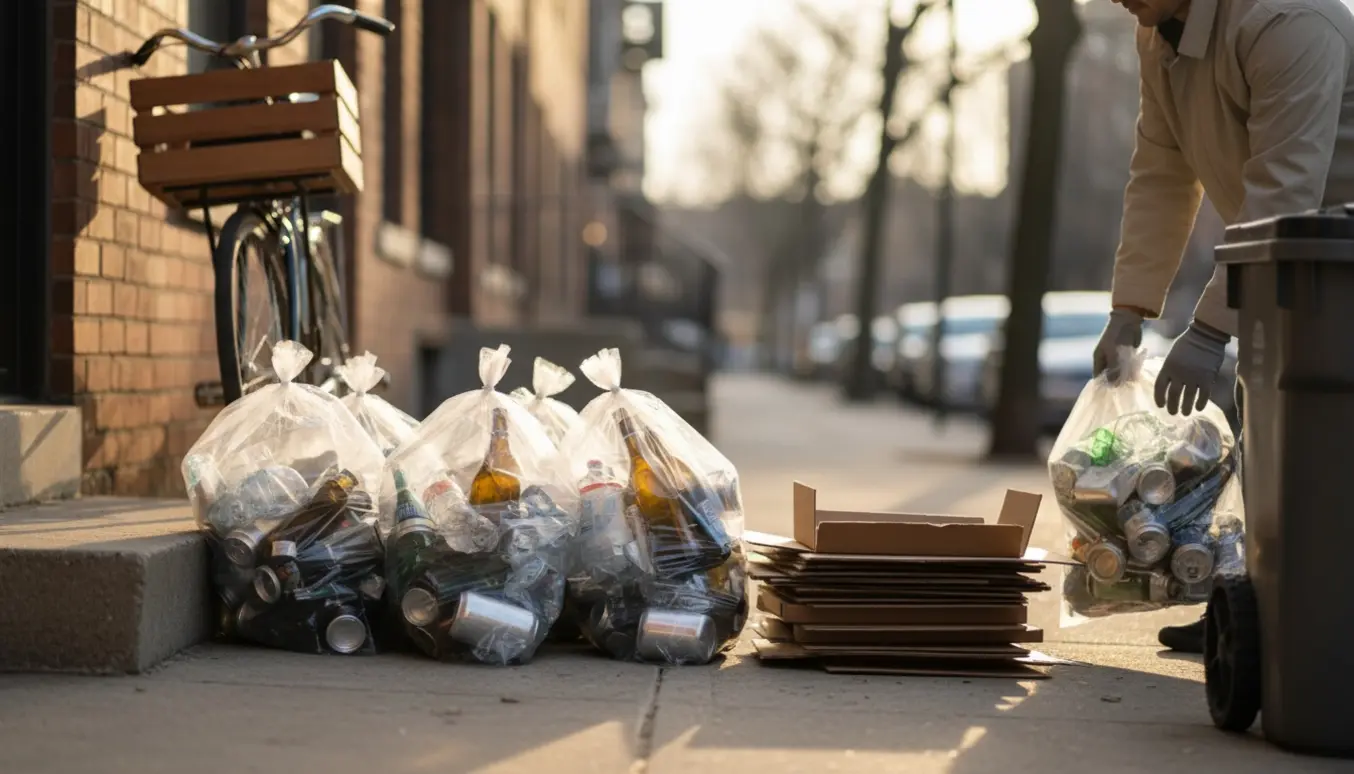 Fem poser med pantflasker og sammenfoldet pap står klar ved trappens kant i blidt morgengry.