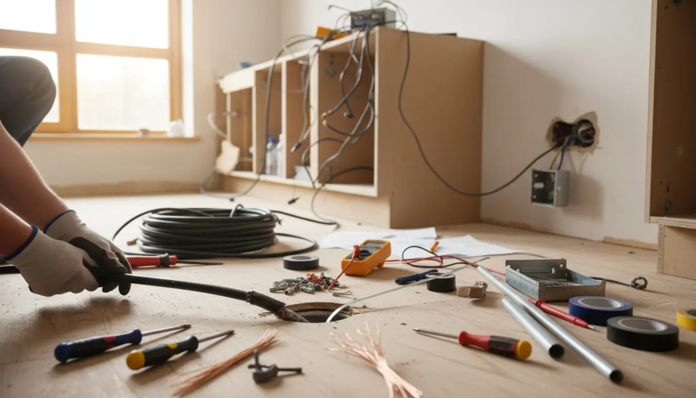 Elektriker trækker kraftkabel gennem gulv i et køkken under renovering med værktøj og åbne installationsbokse.
