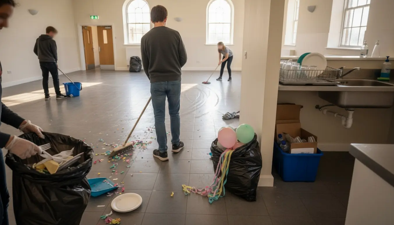 Frivillige rydder op efter en større sammenkomst i et fælleslokale med kost, moppe og affaldssække.
