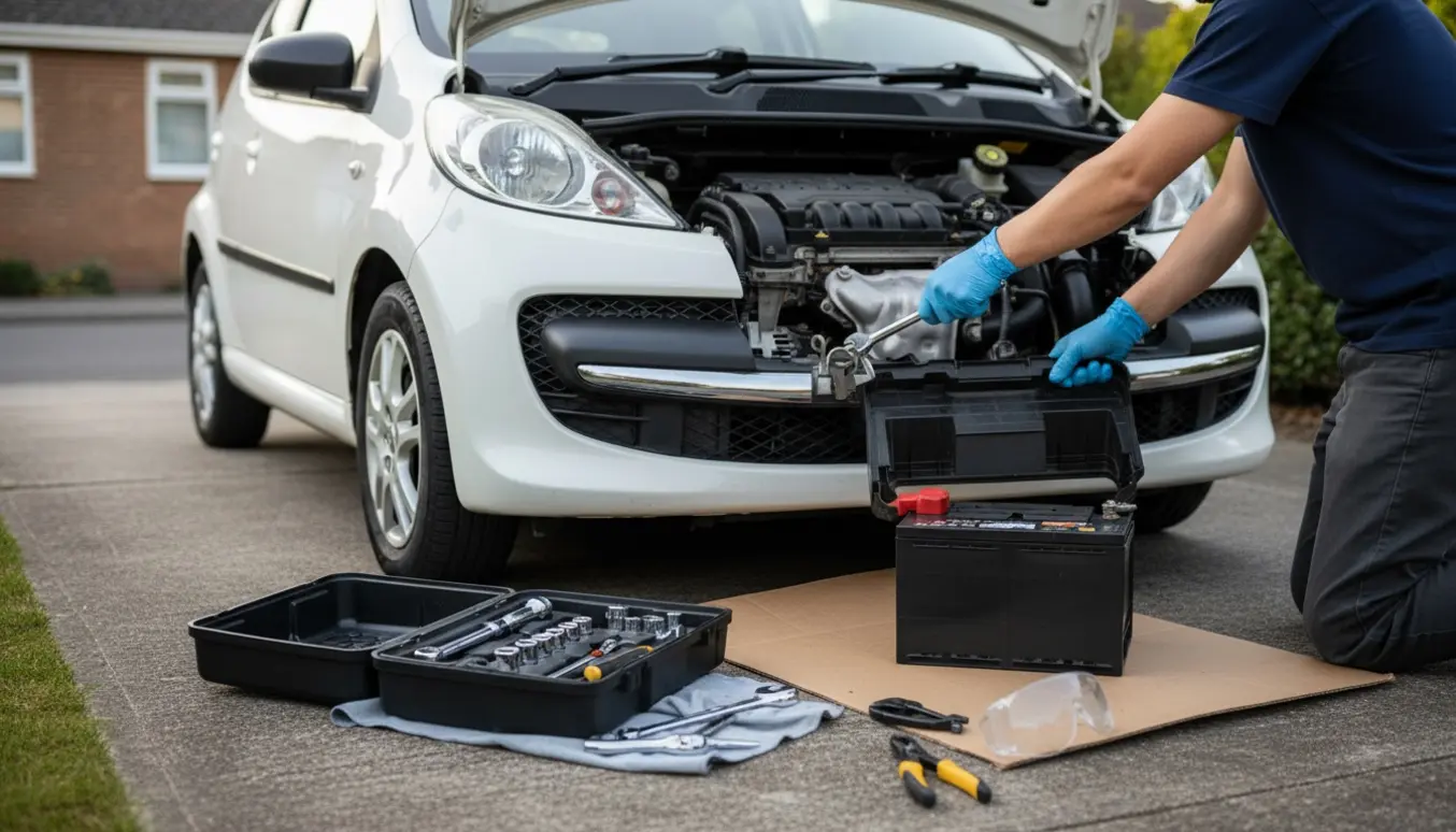 Åben Peugeot 107 med motorhjelm og udskiftning af bilbatteri, nyt batteri og værktøj ved siden af.