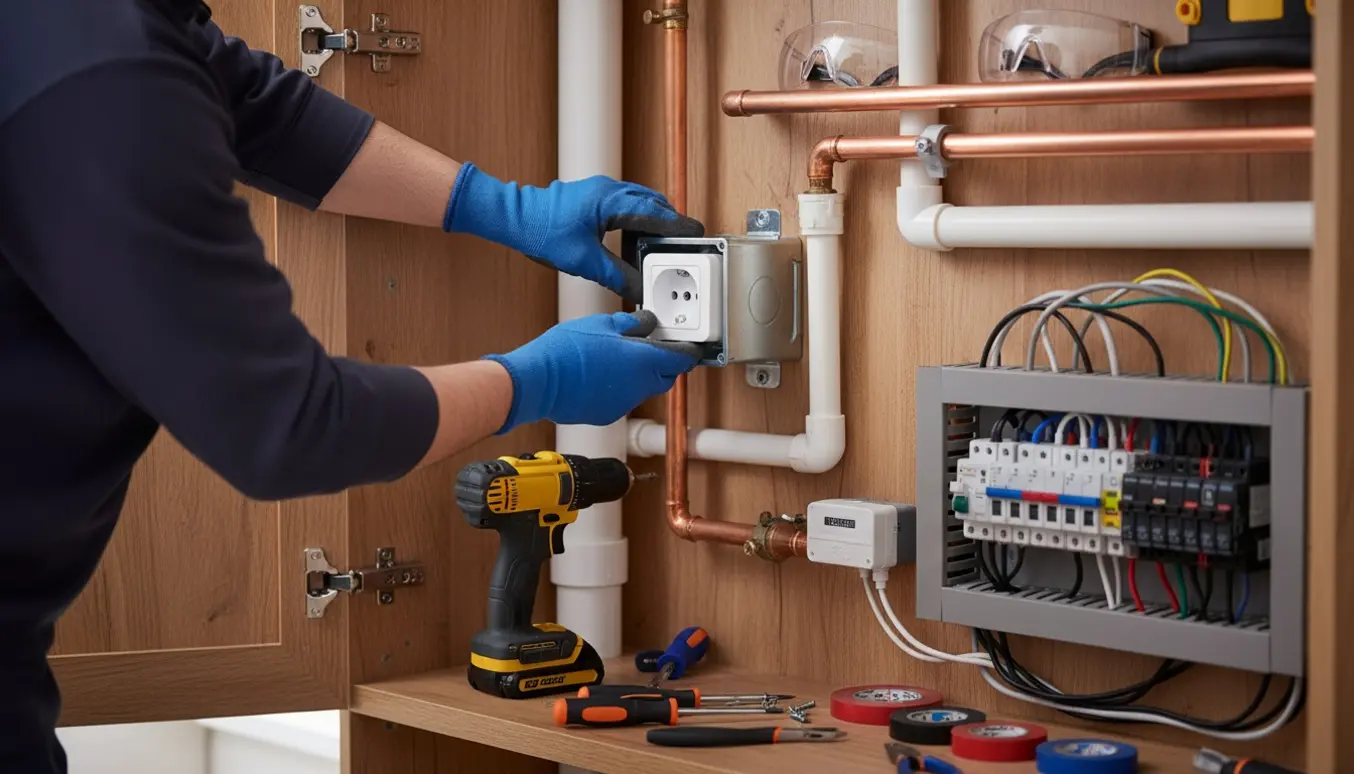 Håndværker monterer en ny stikkontakt i et skab ved vandrør og eltavle.