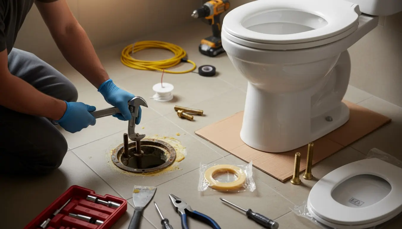 Håndværker monterer nyt gulvstående toilet ved siden af det gamle med værktøj og kabelrulle klar.