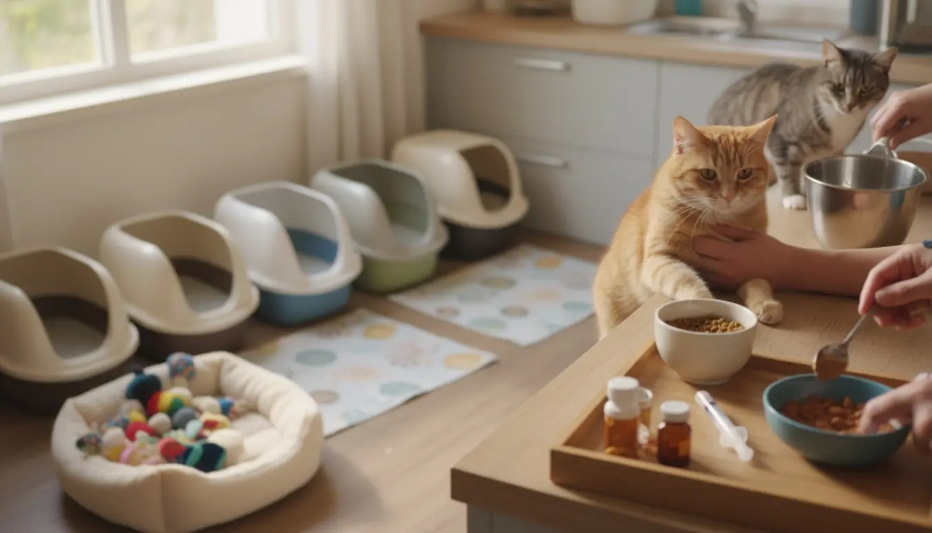 Tre katte i hjemmet mens en dyreven giver medicin, fylder mad og vand op og fem kattebakker står klar.