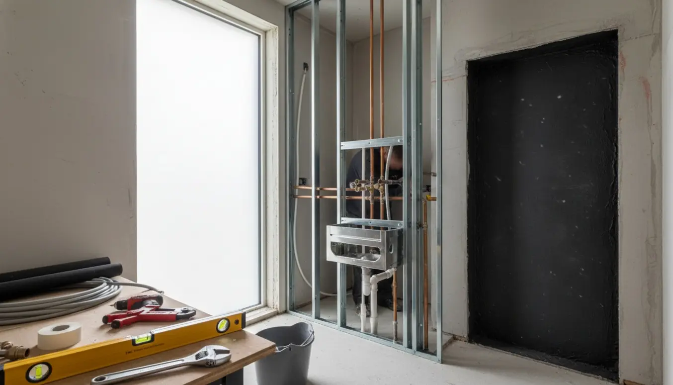 Delvist renoveret badeværelse med synlige rør, monteringsramme til indbygget toilet og åben bruseniche uden fliser.