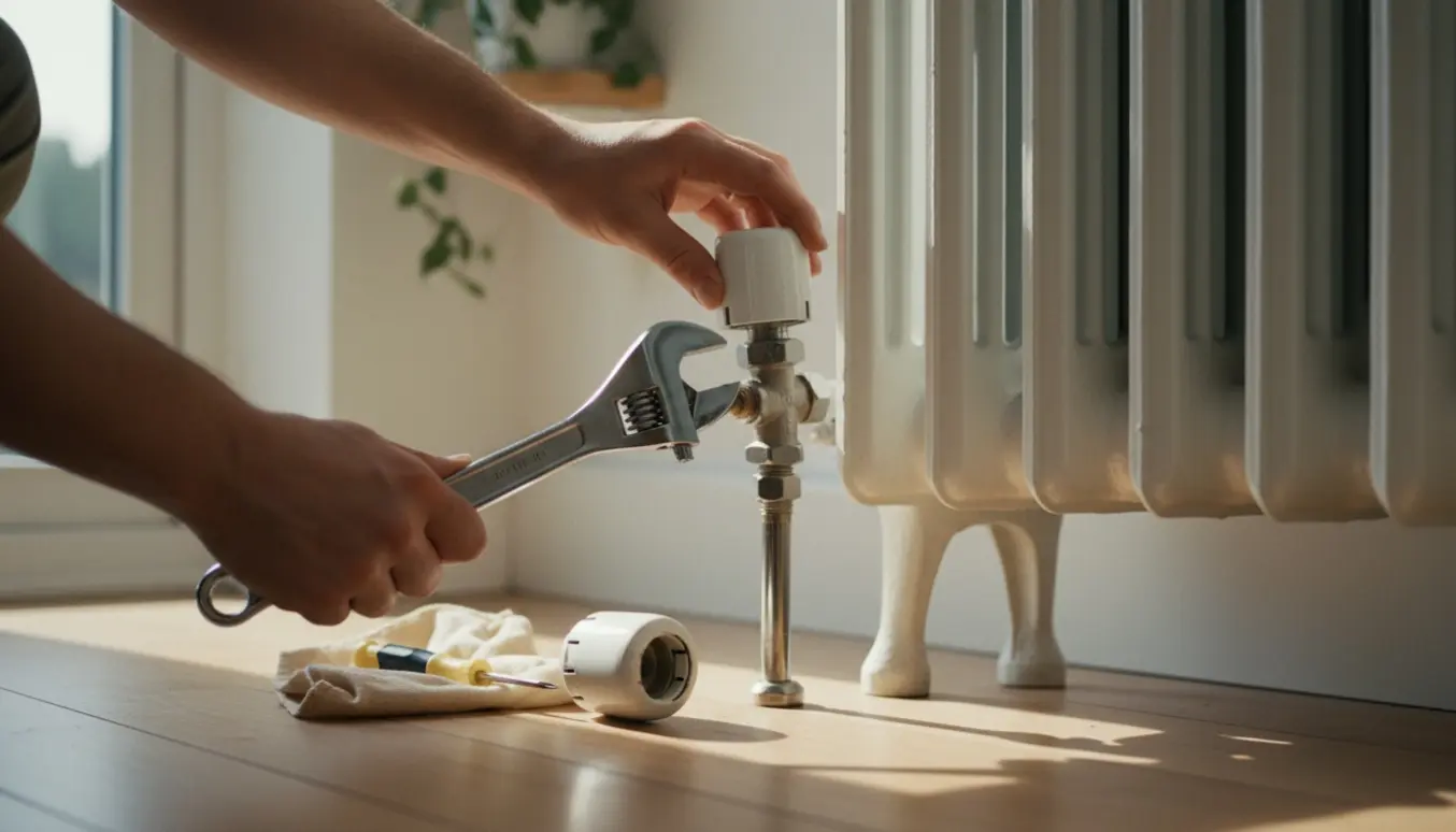 Nærbillede af hænder, der udskifter en termostatventil på en fritstående radiator.