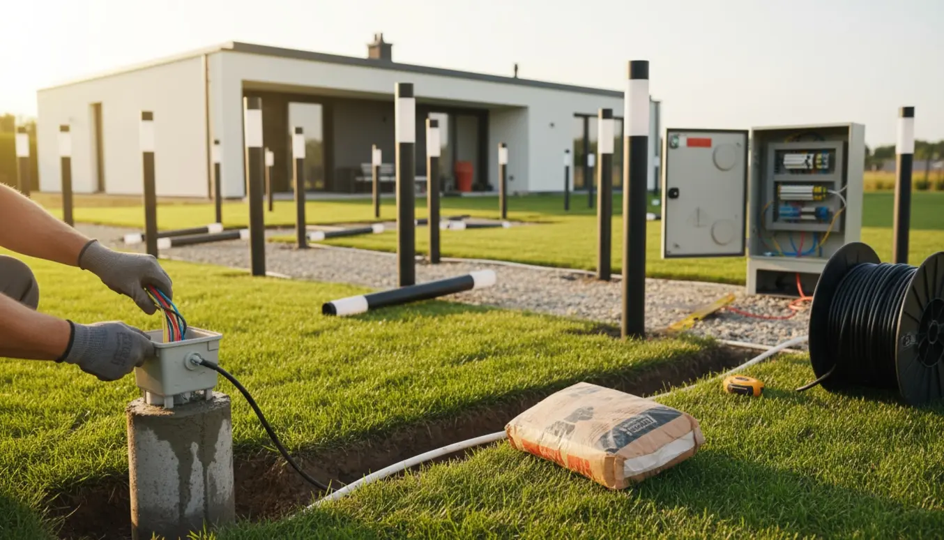 Nærbillede af elektrikerens hænder i en installationsboks foran et hus med havelamper, gravearbejde og fundamenter.