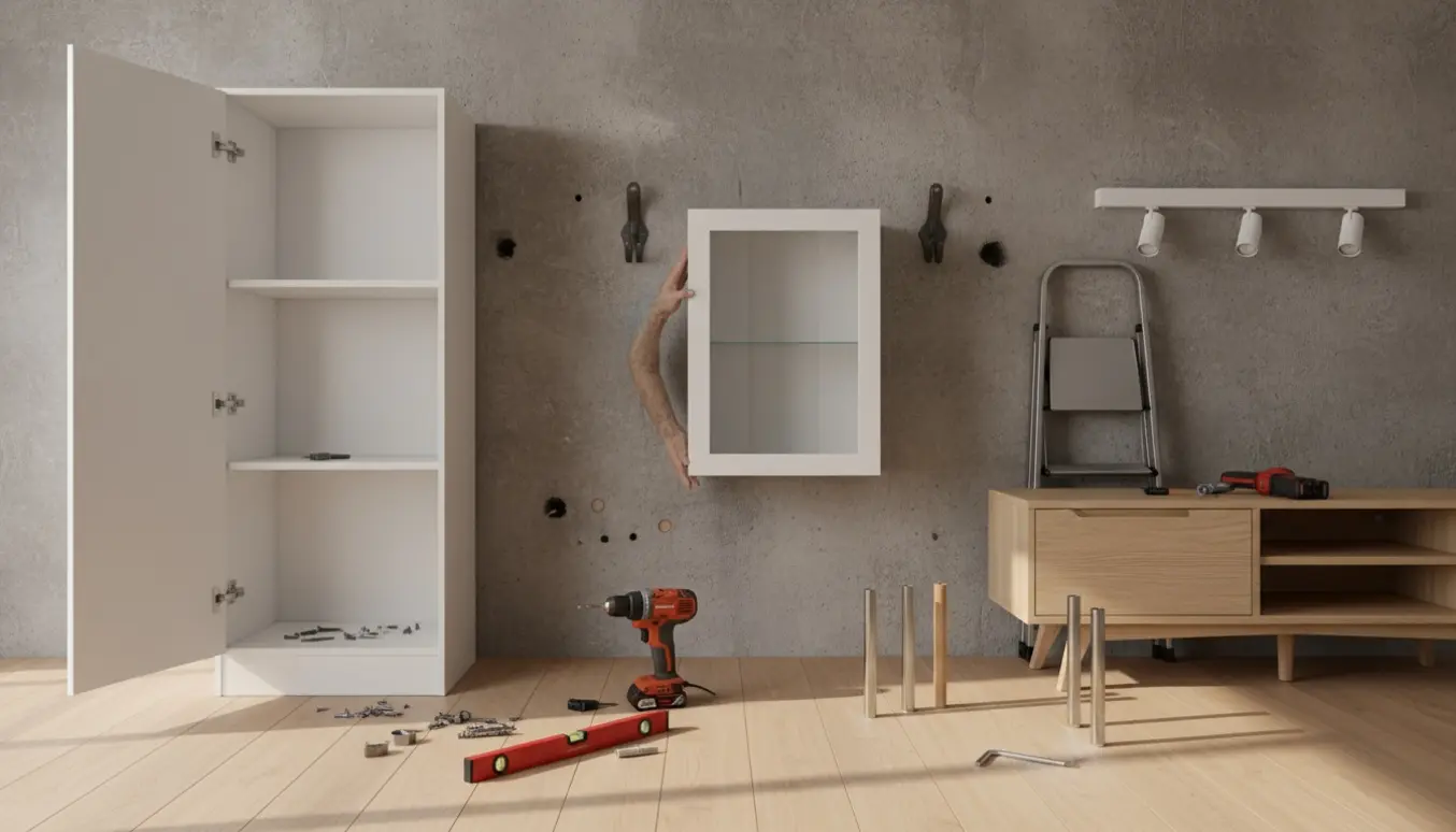 Montagescene med enkelt skab, ophængning af vitrineskab på hård væg, værktøj og nye metalben klar til montering.