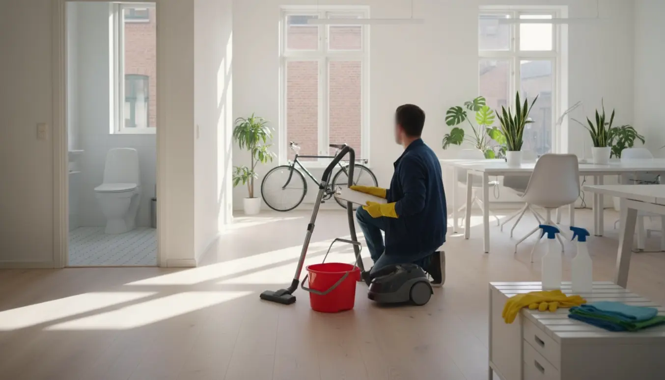 Rengøringsperson inspicerer et lyst kontor på Amager med støvsuger, moppe og rengøringsudstyr i forgrunden.