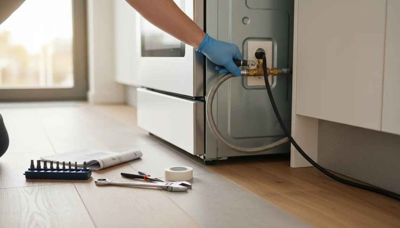 Gloved hænder tilslutter et komfur til gaskran og el i et moderne køkken.