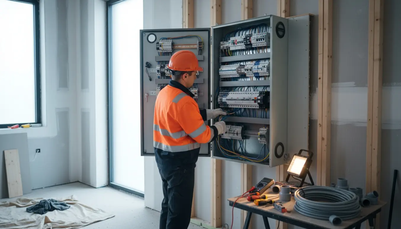 Elektriker installerer en ny eltavle i et nybygget hus, med fokus på hænder og kabler.