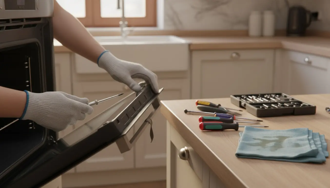 Hænder justerer et skævt ovnlåg ved hængslet med en skruetrækker i et lyst, moderne køkken.