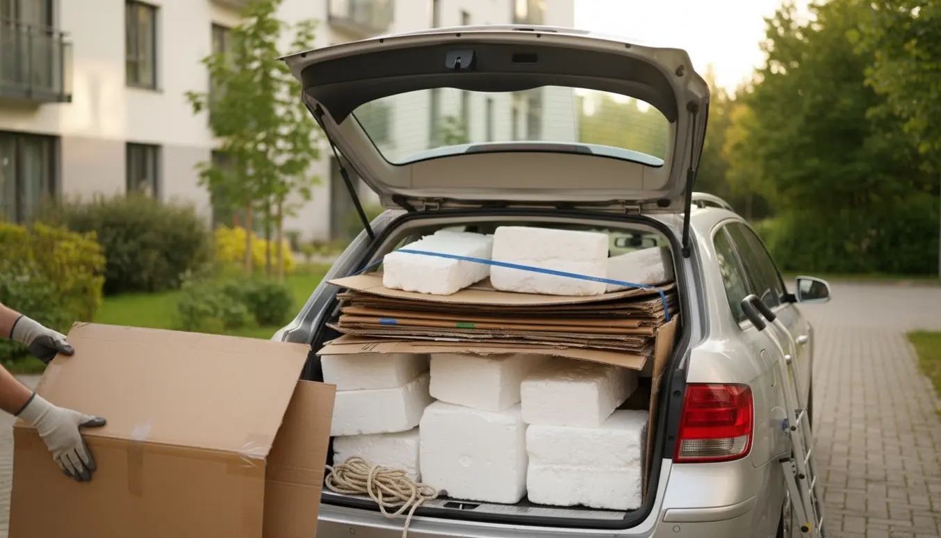 Åben bagagerum med store papstykker og flamingo læsset, mens hænder med handsker fastspænder læsset.