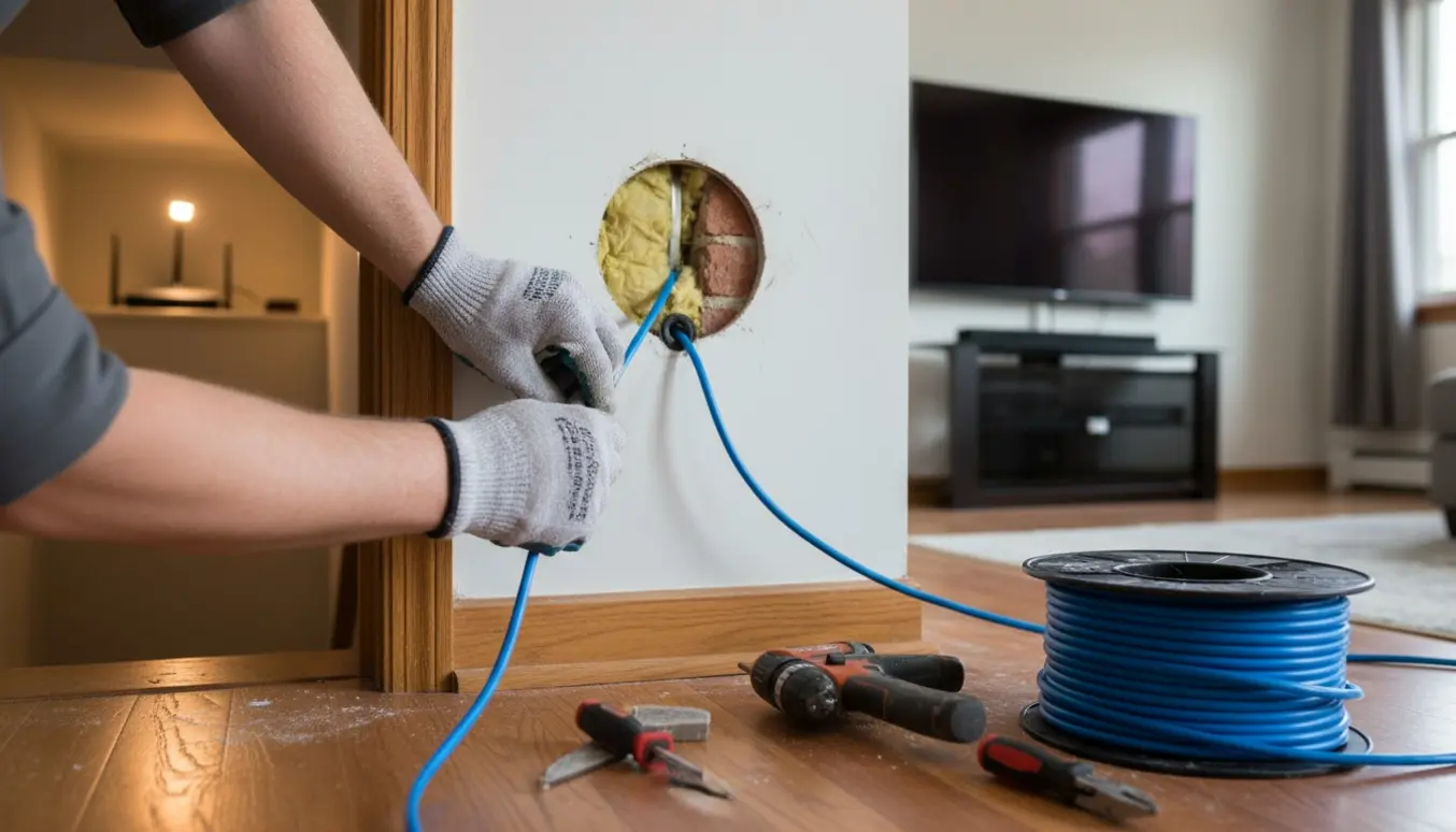 Nærbillede af hænder, der fører et netværkskabel gennem en hulmur med værktøj og kabelrulle ved siden af.