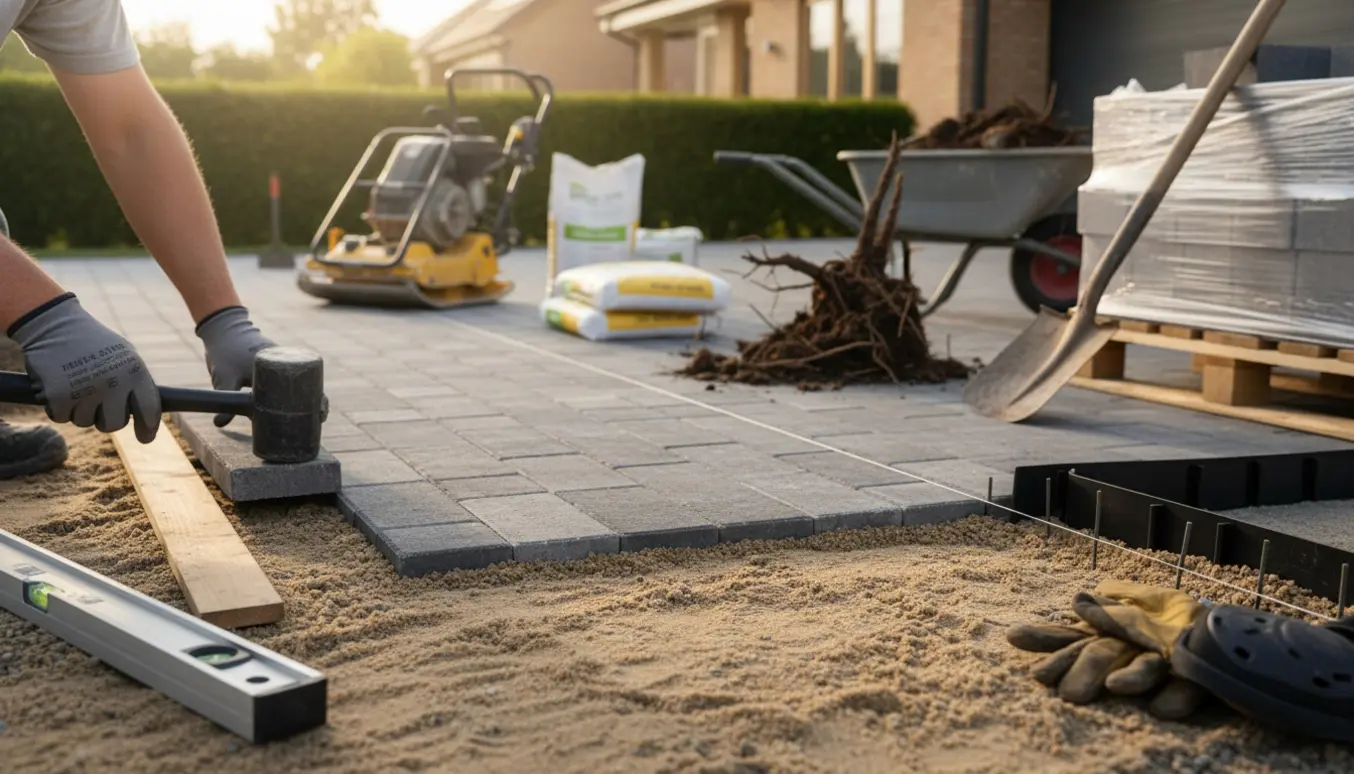 Nærbillede af lægning af fliser på en indkørsel med værktøj, sand og en palle fliser i baggrunden.