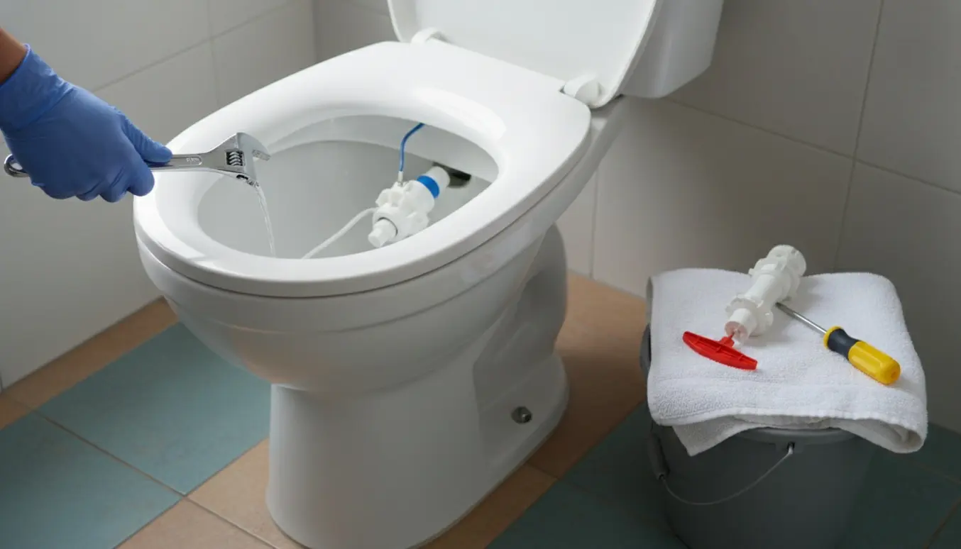 Åbent toiletcistern med en handske-beklædt hånd, der justerer fyldventilen for at udbedre langsom genopfyldning.