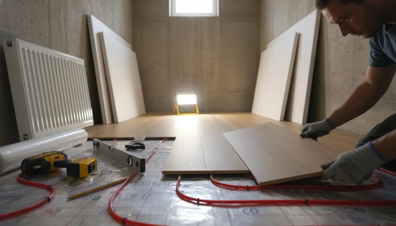 Hænder lægger klikgulv over synlige gulvvarmerør i en kælder med gipsplader og afmonteret radiator.
