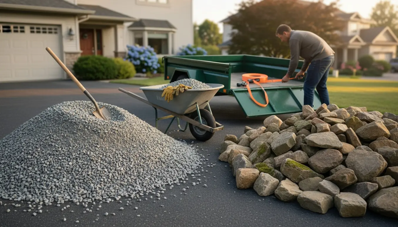 Trailer ved indkørsel med bunker af grus og sten klar til afhentning, skovl og trillebør i forgrunden.