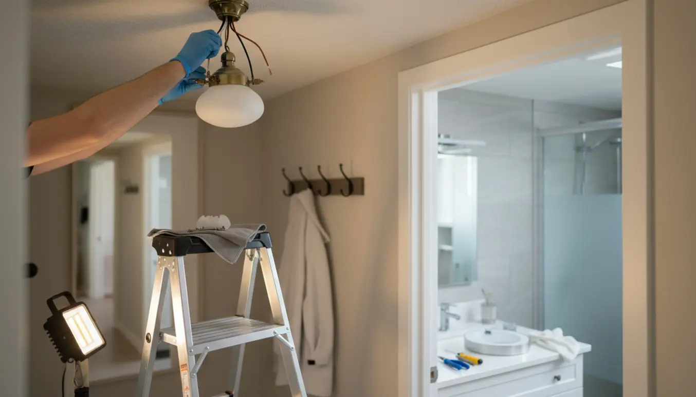 Hænder udskifter loftslamper i entre og badeværelse med stige og værktøj klar.