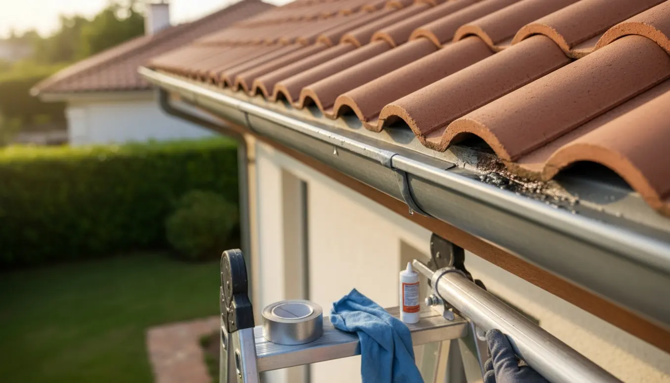 Nærbillede af tætningsarbejde på en bliktagrende med to utætheder på en villa.