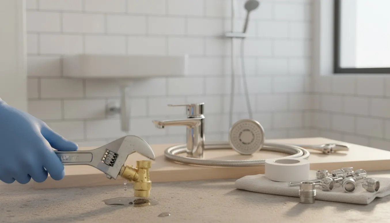 Nærbillede af hånd ved utæt Ballofix i bryggers med nyt armatur og brusehoved klar i et lyst badeværelse.