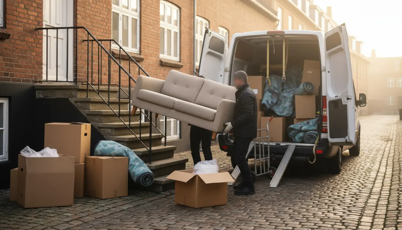 To personer bærer en sofa ned ad en trappe mod en åben flyttevogn på en rolig gade i Nakskov.