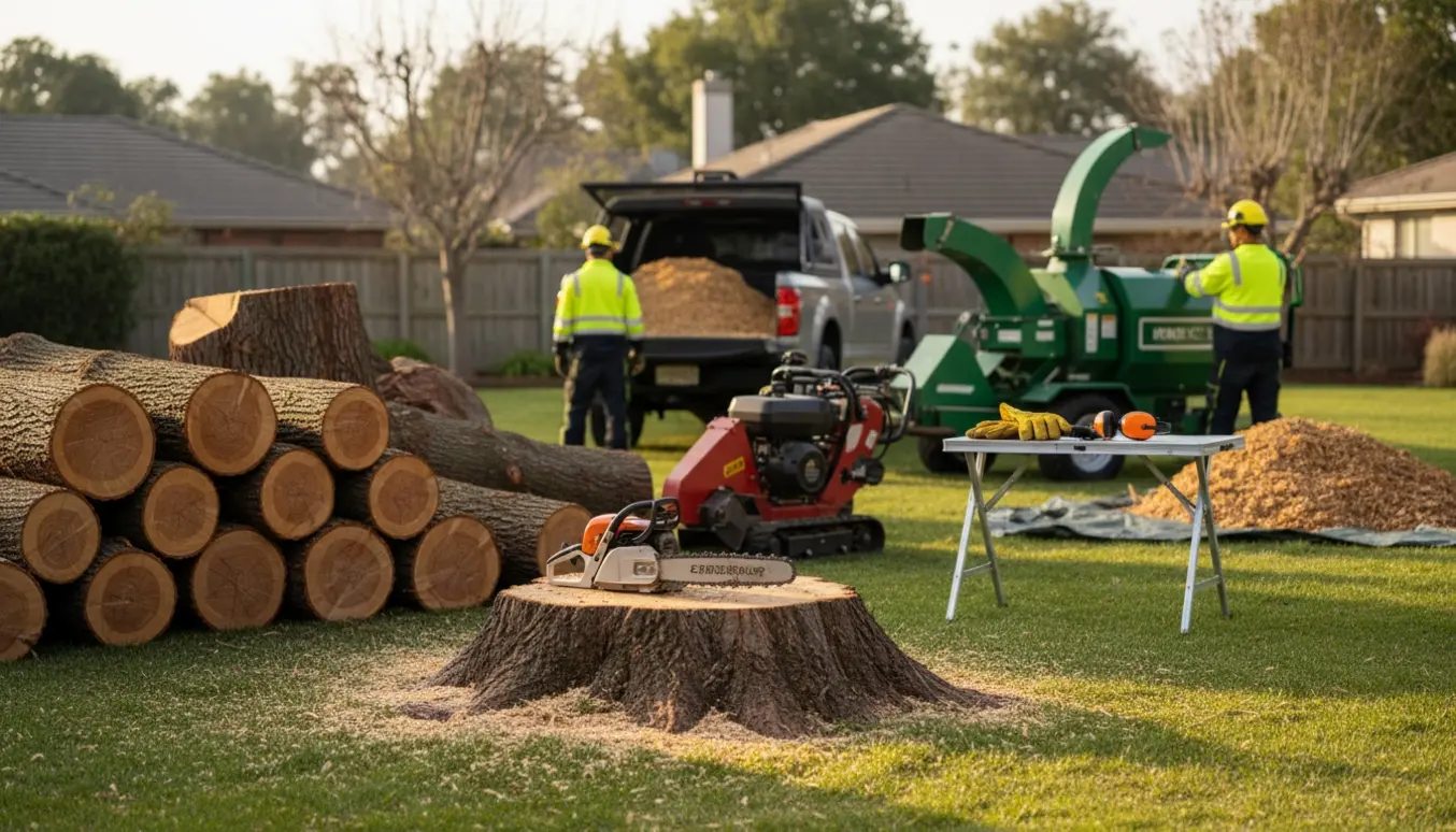 Nyfældede træstammer stablet i haven med en motorsav på en stub og en flishugger klar ved en lastbil.