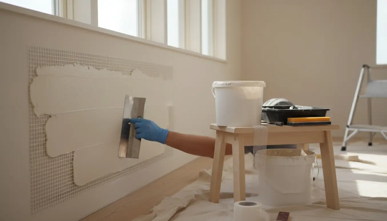 Væg spartlet med glasvæv og værktøj i et lyst, ryddeligt rum.