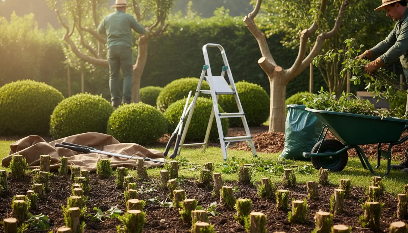 Gartner beskærer træer og buske i en have, med beskårne planter og en trillebør fyldt med afskårne grene.