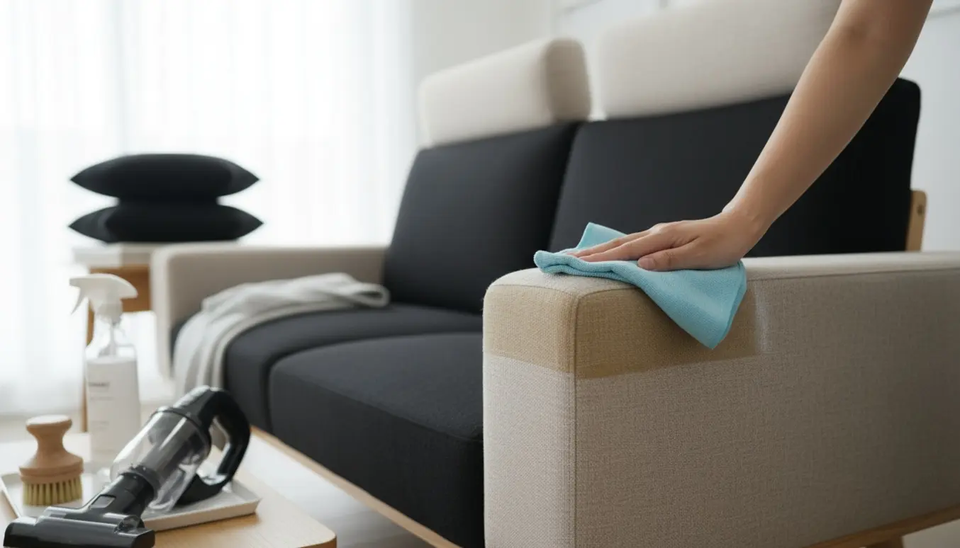 Nærbillede af hænder, der renser stofsofastellet med klud og børste, mens puder er stablet til siden.