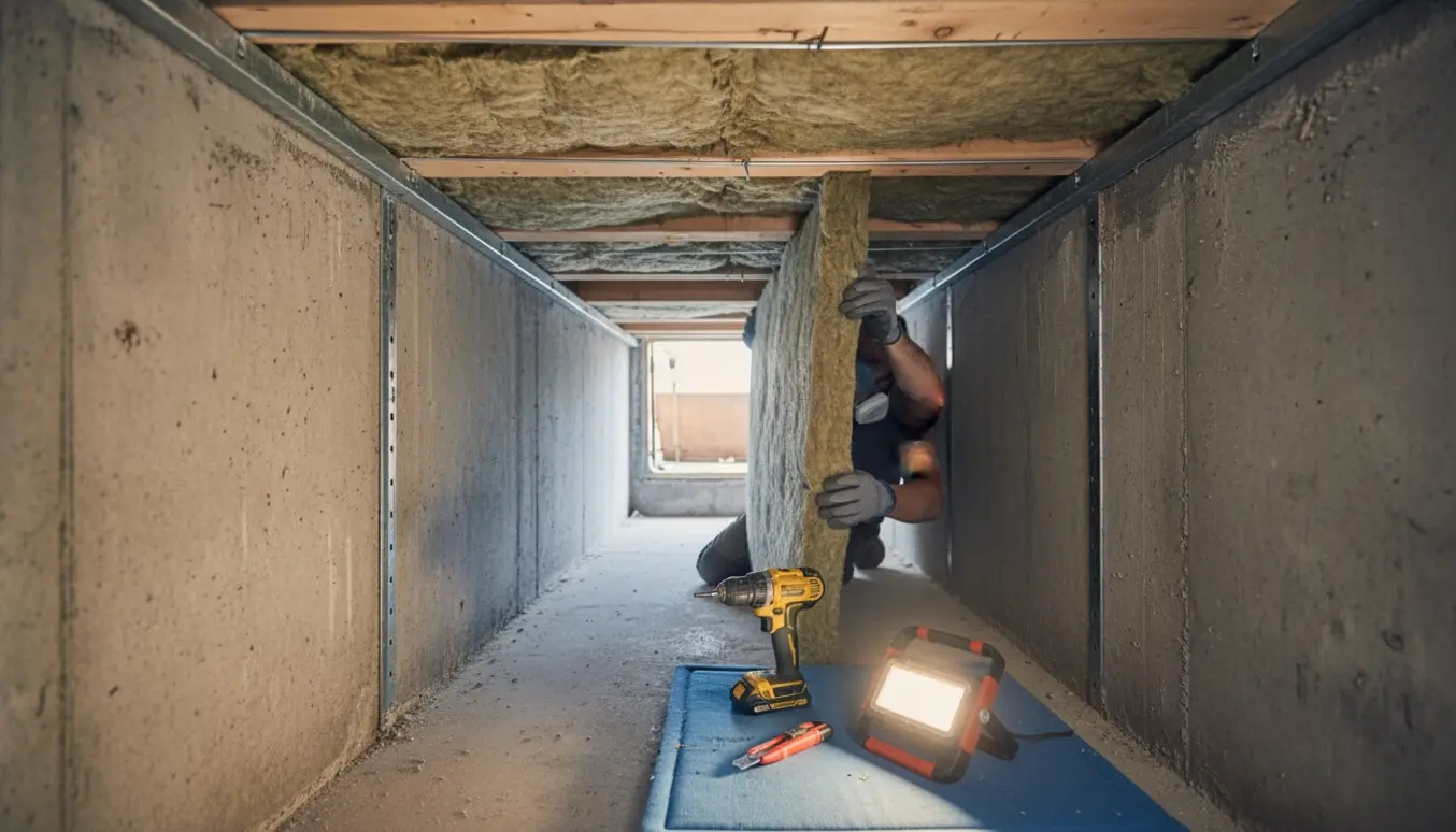 Hænder fastgør to Rockwool-isoleringsplader under gulvbjælker i en krybekælder.