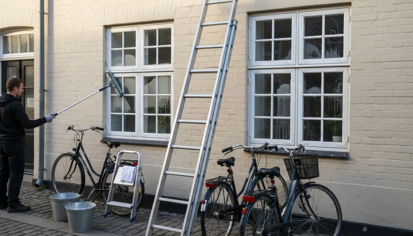 Udvendig pudsning af to dannebrogsvinduer fra en stige med cykler parkeret nedenunder.