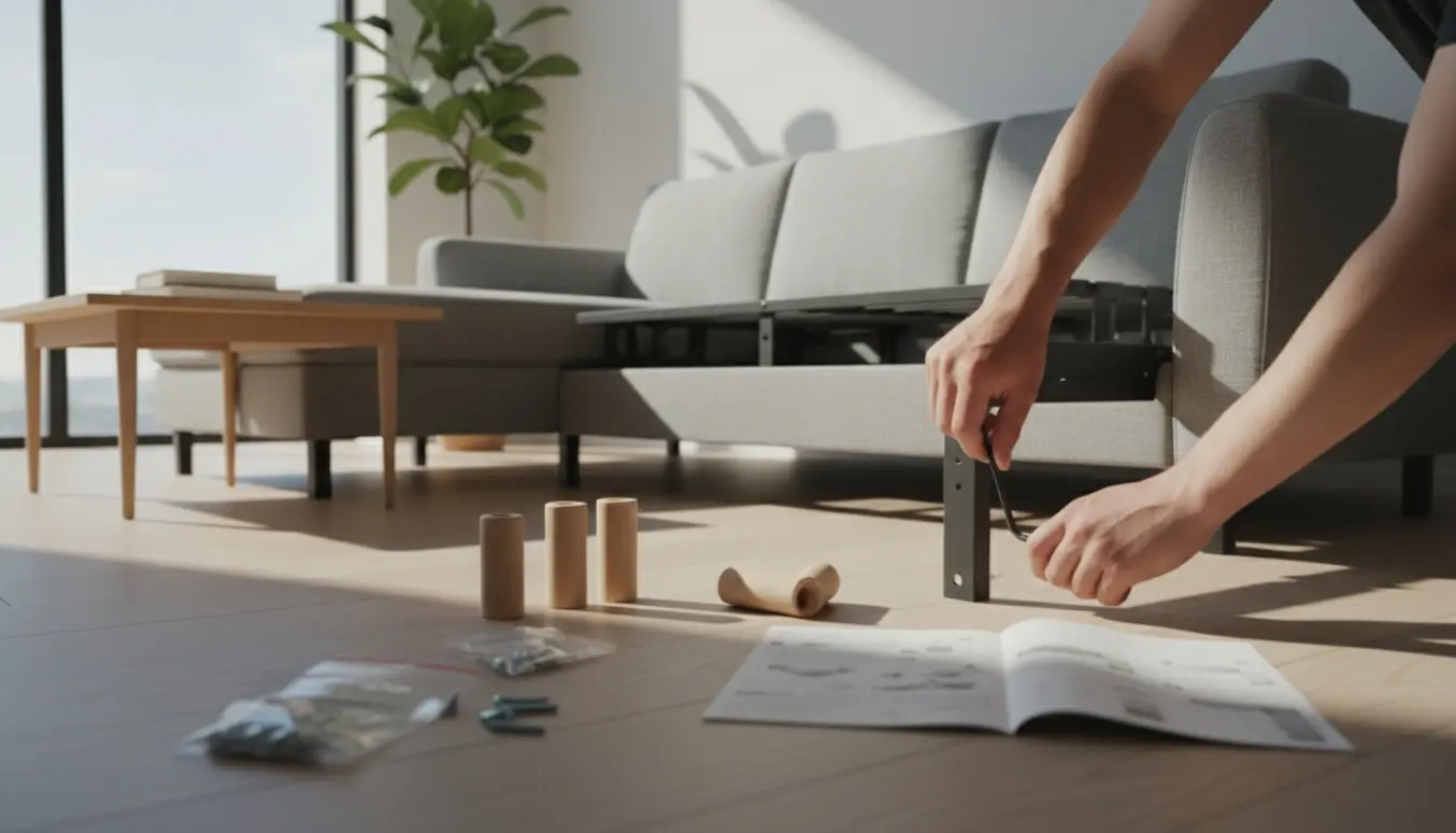 Hænder samler en sovesofa med chaiselong i en lys stue med værktøj og dele på gulvet.