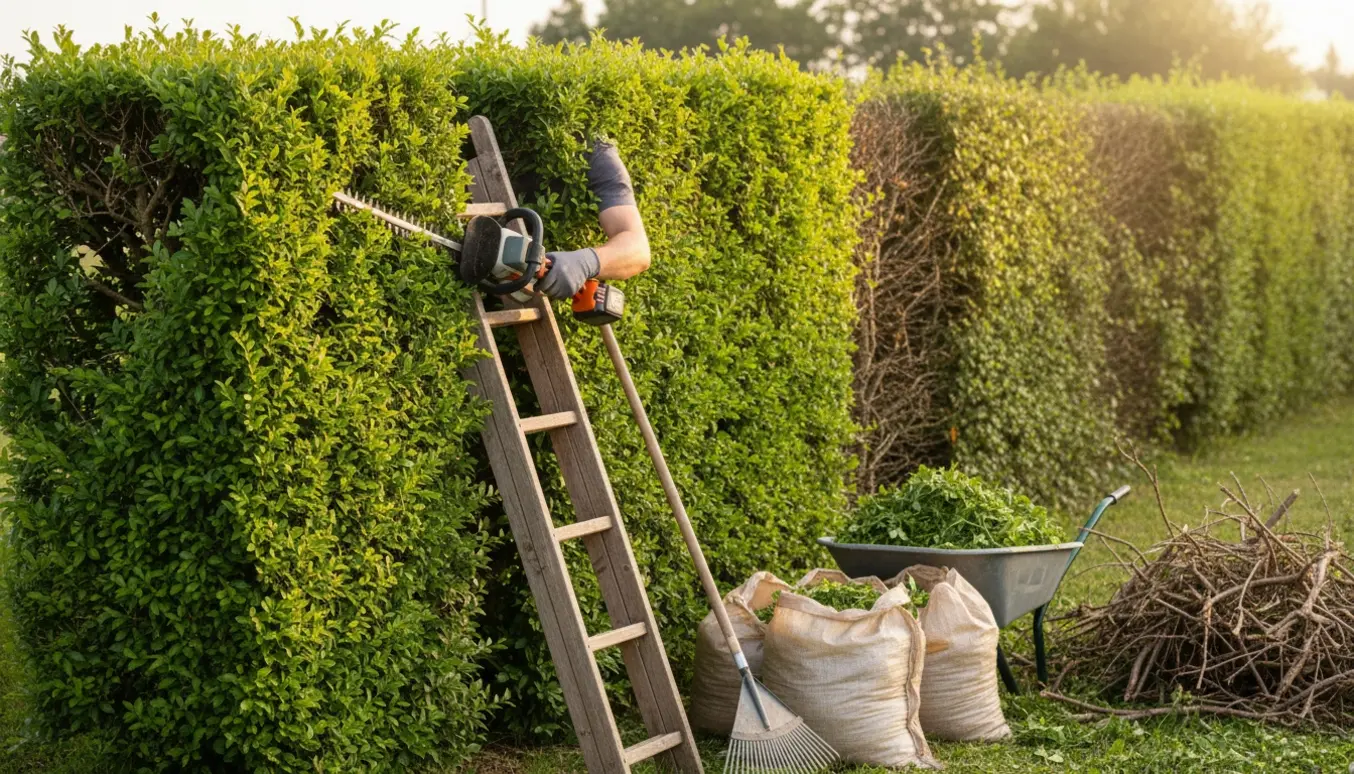Håndværker beskærer en ligusterhæk med trillebør og sække med afklip klar til bortskaffelse.