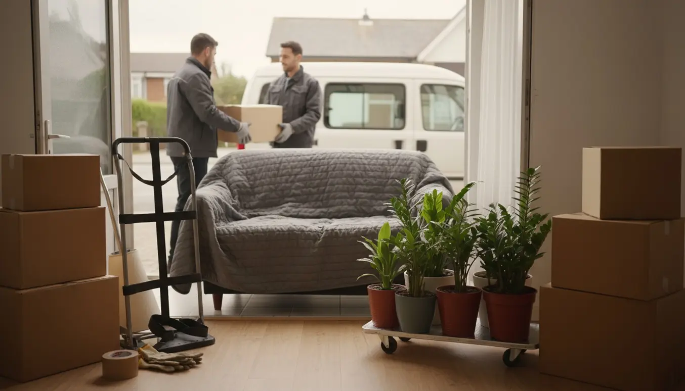 To personer bærer flyttekasser og potteplanter ud fra en stueetagelejlighed mod en flyttevogn.