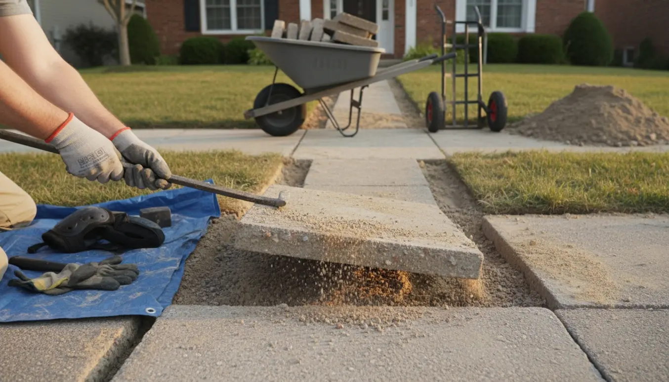 Betonfliser flyttes fra fortovet mod huset med skubvogn og håndværktøj.