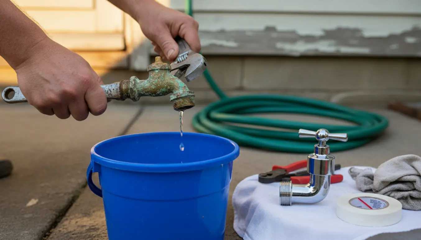 Hænder udskifter en dryppende udendørsvandhane med skruenøgle, ny vandhane og en spand til opsamling af vand.