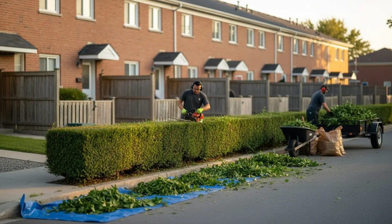 Hækkeklipning foran otte andelsbolig-huse med trillebør, trailer og samlet planteaffald klar til bortkørsel.