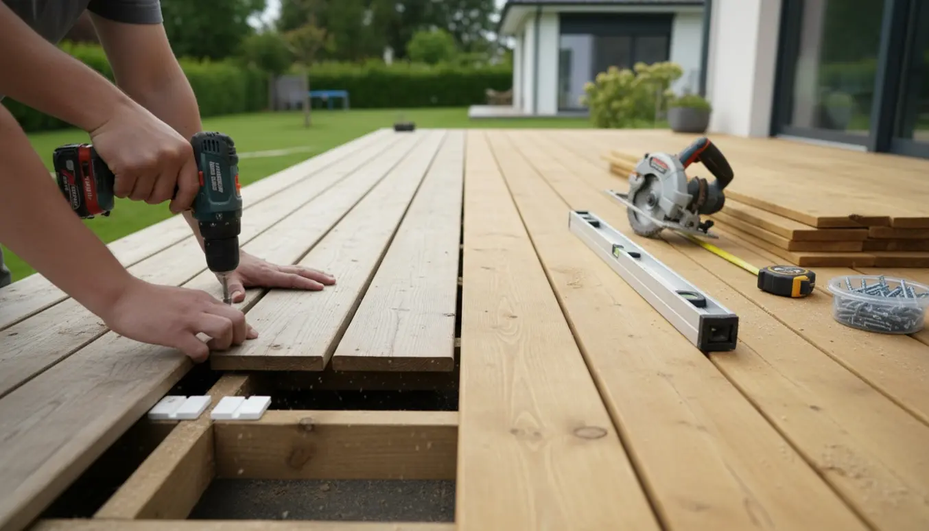 Nye terrassebrædder monteres ved siden af gamle brædder på en lang træterrasse med værktøj og materialer i fokus.
