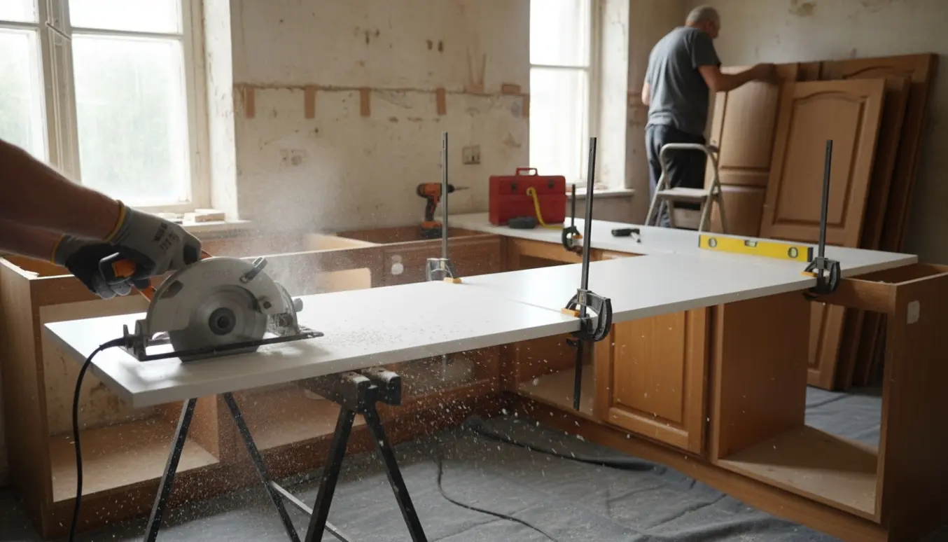 Montage af et brugt køkken i et gammelt hus med Corian-bordplade der skæres og skabe monteres, værktøj og shims synlige.