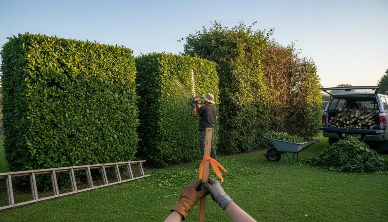 Tre store hække bliver beskåret, afklip samles i trillebør og varevogn.
