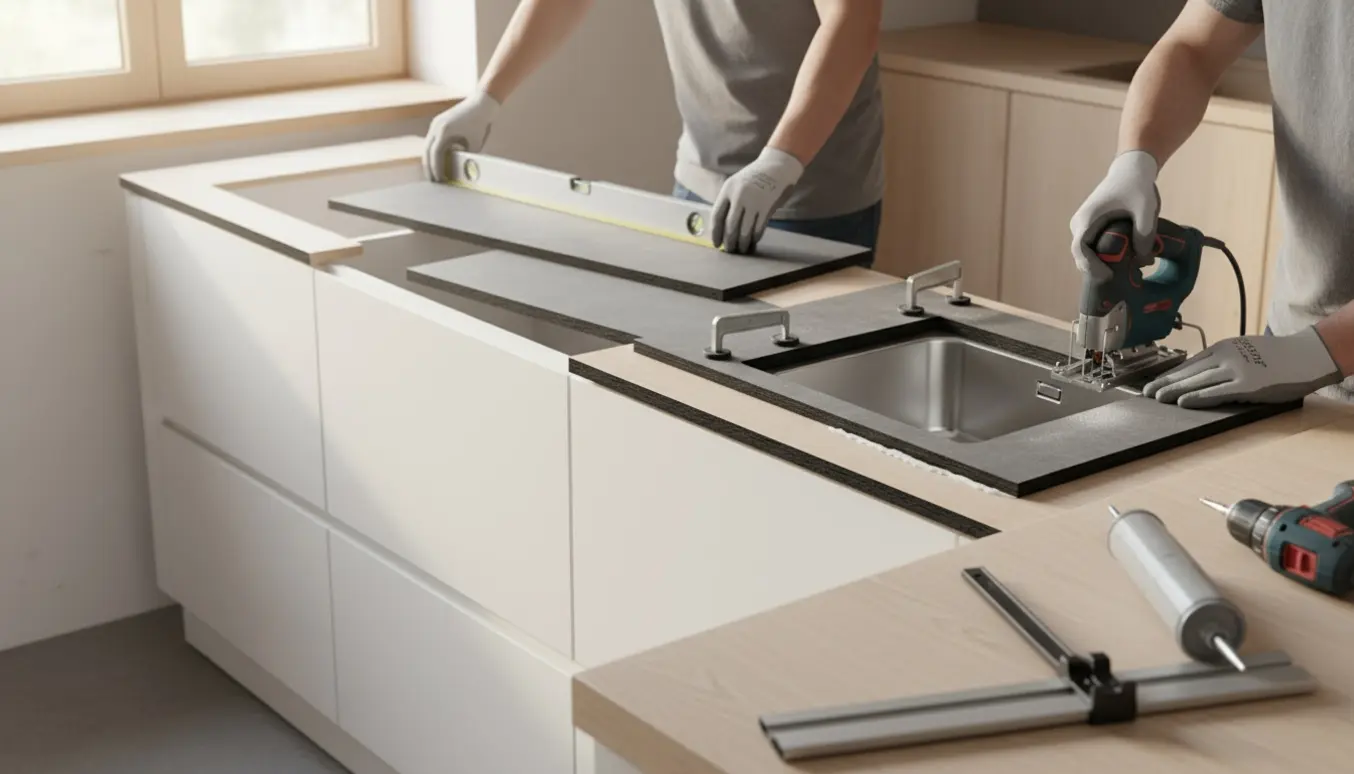 Installatørers hænder monterer og tilpasser nye grå kompaktlaminat-bordplader med sort kerne og vaskudskæring i et lyst køkken.